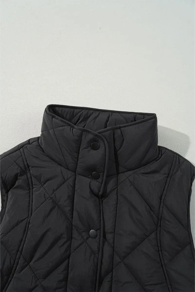 Black Quilted High Neck Button Up Pocket Vest Coat - Love Salve 