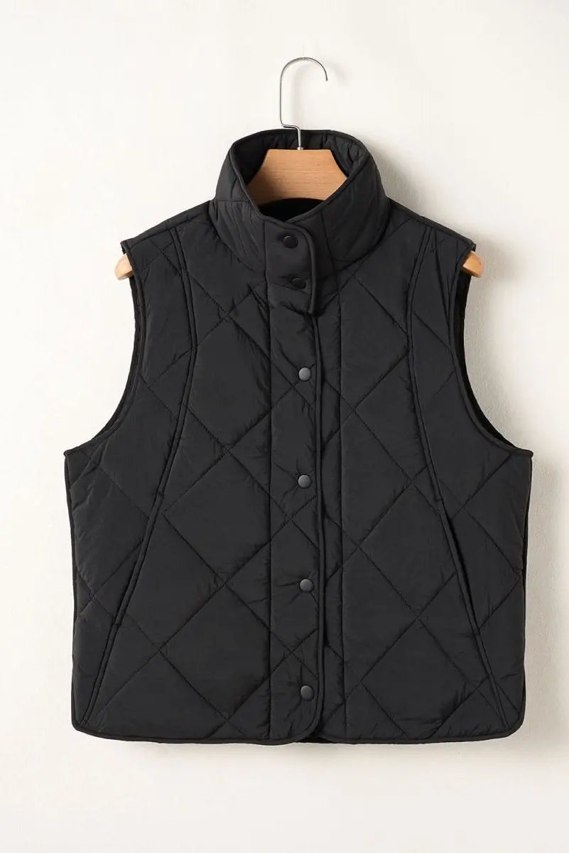 Black Quilted High Neck Button Up Pocket Vest Coat - Love Salve 