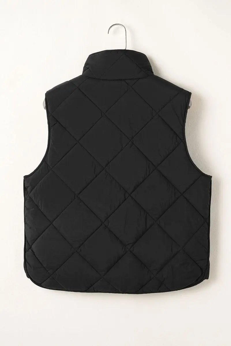 Black Quilted High Neck Button Up Pocket Vest Coat - Love Salve 