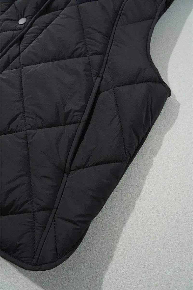 Black Quilted High Neck Button Up Pocket Vest Coat - Love Salve 