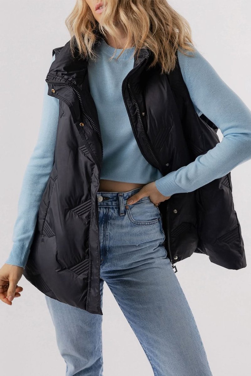 Black Quilted High Neck Zip Up Jacket Vest - Love Salve 