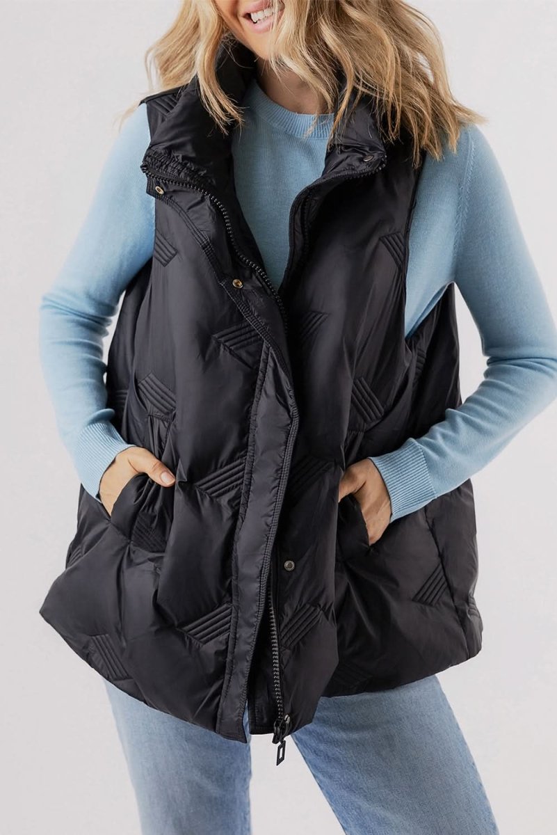 Black Quilted High Neck Zip Up Jacket Vest - Love Salve 