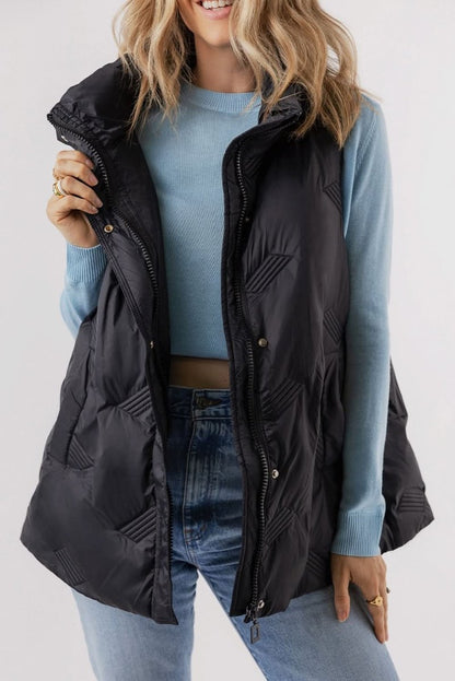 Black Quilted High Neck Zip Up Jacket Vest - Love Salve 