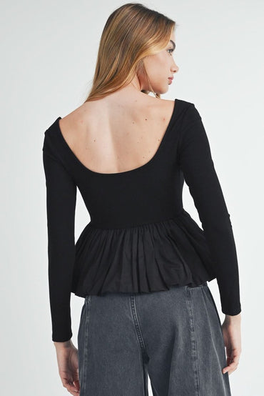 Black Ribbed Knit Long Sleeve Scoop Neck Peplum Patchwork Top - Love Salve