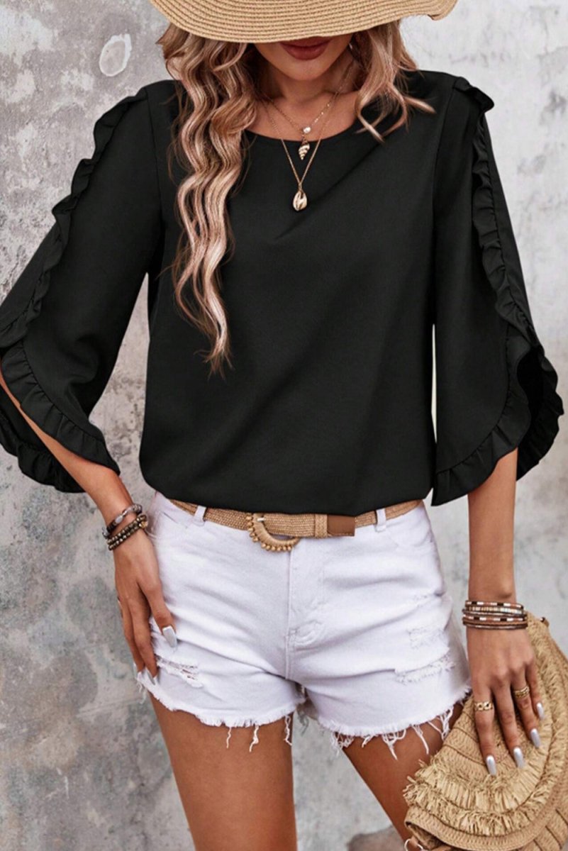 Black Ruffle Trimmed 3/4 Sleeve Round Neck Blouse for Women - Love Salve 