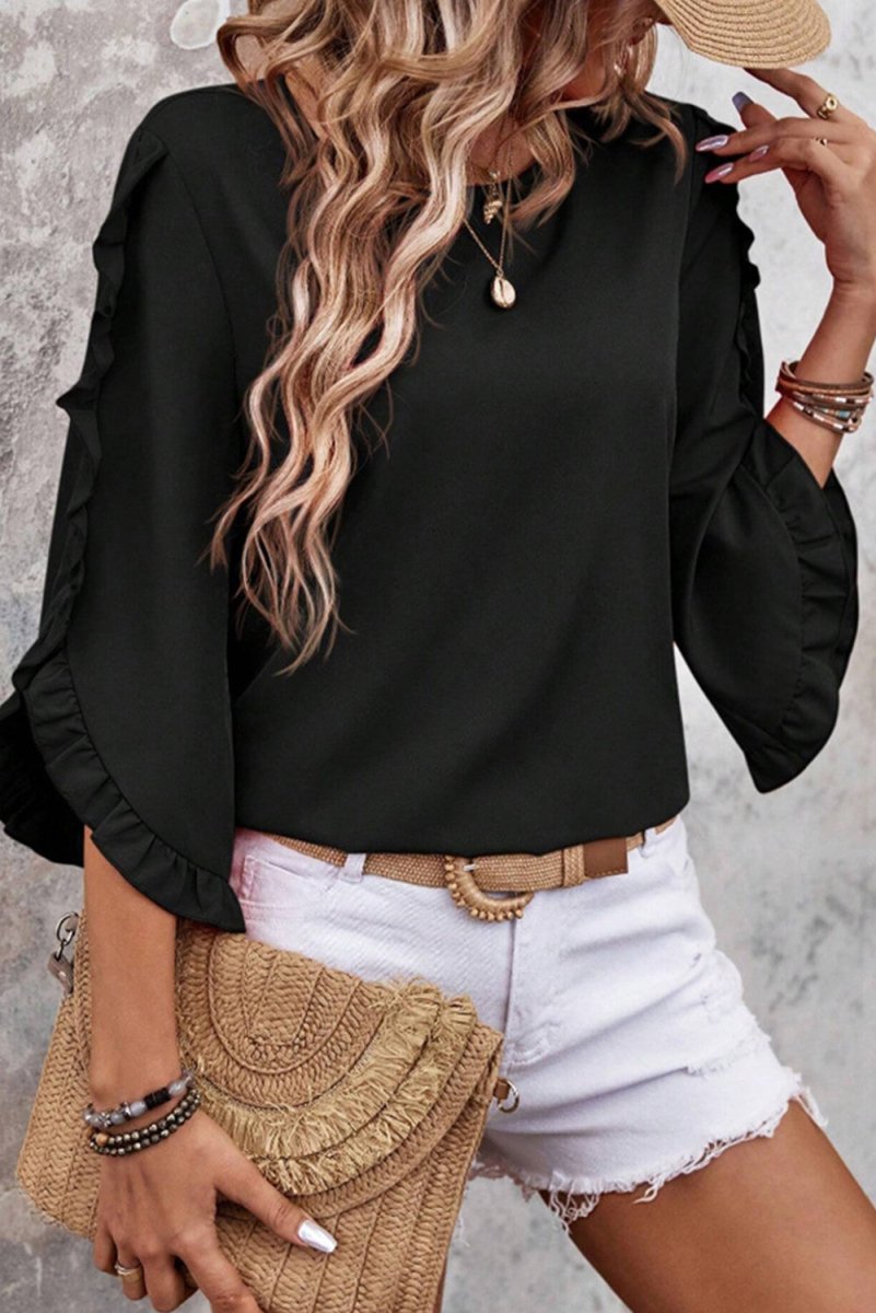 Black Ruffle Trimmed 3/4 Sleeve Round Neck Blouse for Women - Love Salve 