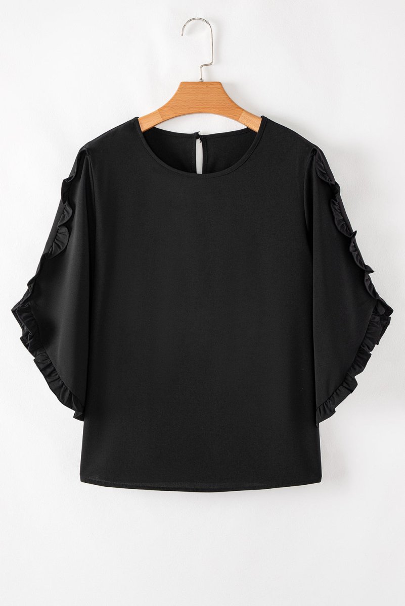 Black Ruffle Trimmed 3/4 Sleeve Round Neck Blouse for Women - Love Salve 