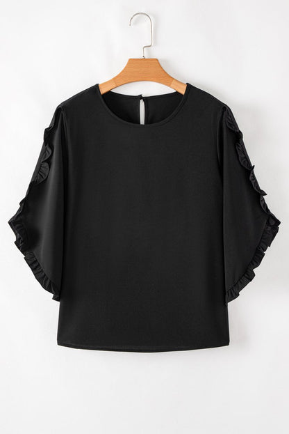 Black Ruffle Trimmed 3/4 Sleeve Round Neck Blouse for Women - Love Salve 