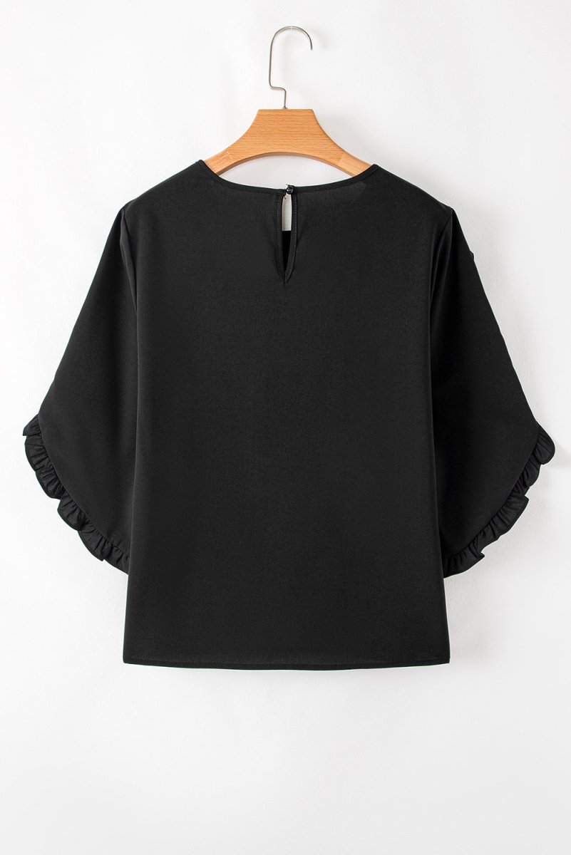 Black Ruffle Trimmed 3/4 Sleeve Round Neck Blouse for Women - Love Salve 