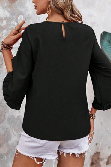 Black Ruffle Trimmed 3/4 Sleeve Round Neck Blouse for Women - Love Salve 