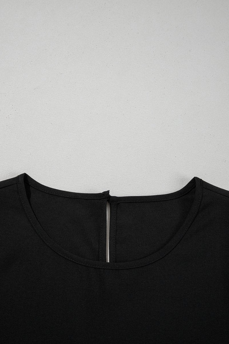 Black Ruffle Trimmed 3/4 Sleeve Round Neck Blouse for Women - Love Salve 