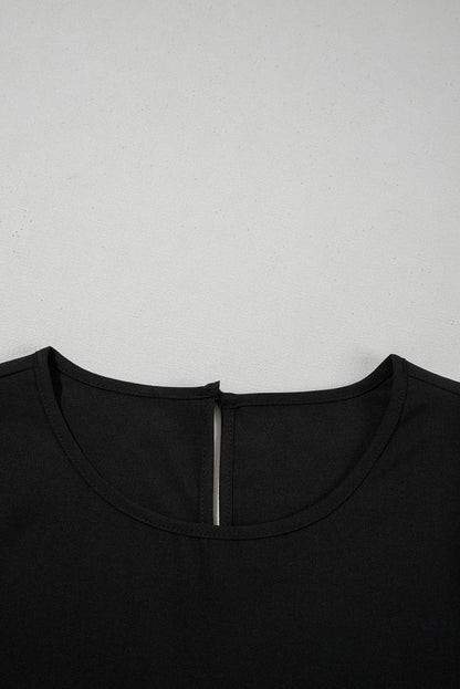 Black Ruffle Trimmed 3/4 Sleeve Round Neck Blouse for Women - Love Salve 