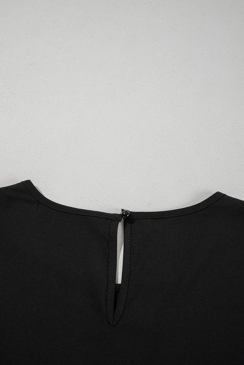 Black Ruffle Trimmed 3/4 Sleeve Round Neck Blouse for Women - Love Salve 