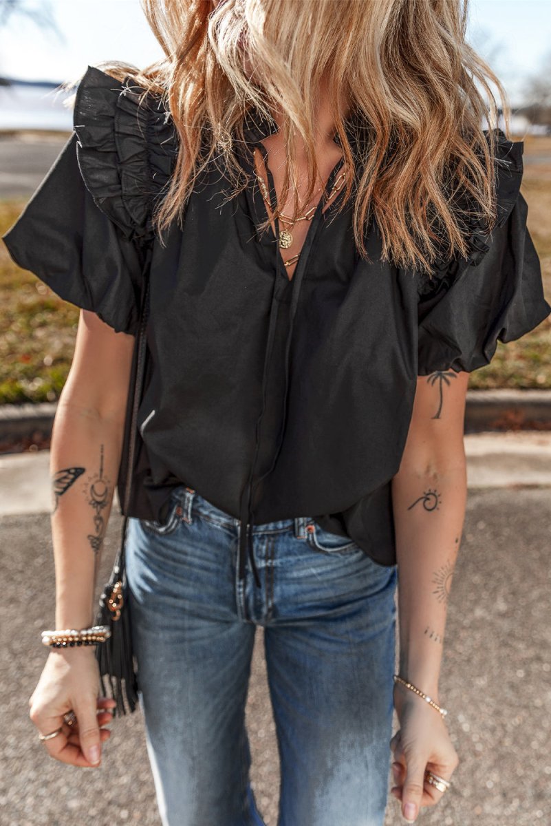 Black Ruffled Puff Short Sleeve Loose Blouse for Women - Love Salve 