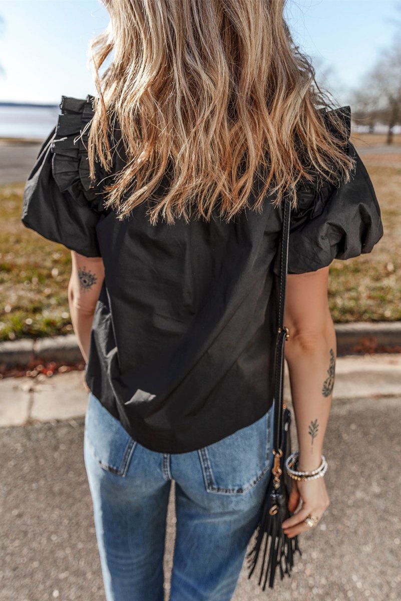 Black Ruffled Puff Short Sleeve Loose Blouse for Women - Love Salve 