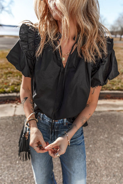 Black Ruffled Puff Short Sleeve Loose Blouse for Women - Love Salve 