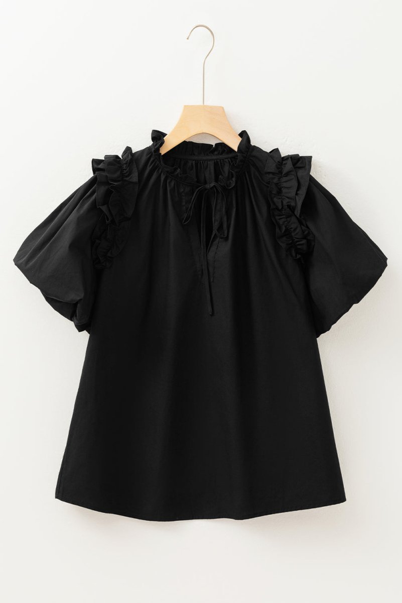 Black Ruffled Puff Short Sleeve Loose Blouse for Women - Love Salve 