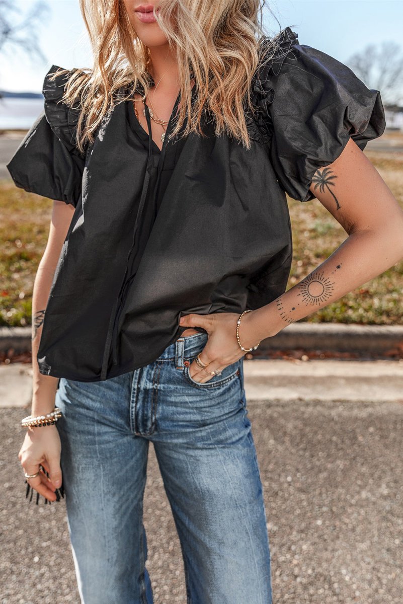 Black Ruffled Puff Short Sleeve Loose Blouse for Women - Love Salve 