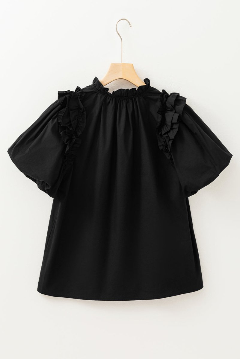 Black Ruffled Puff Short Sleeve Loose Blouse for Women - Love Salve 