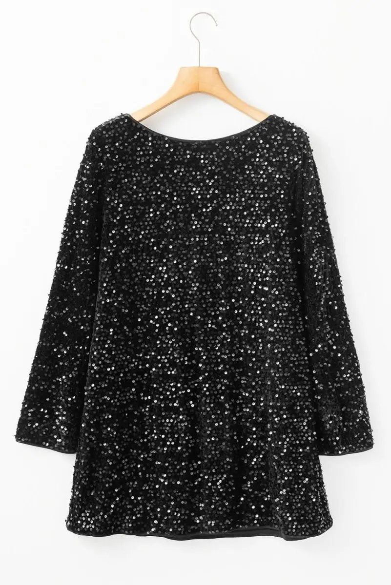 Black Sequin Long Sleeve Knot Cutout Back Mini Dress - Love Salve 