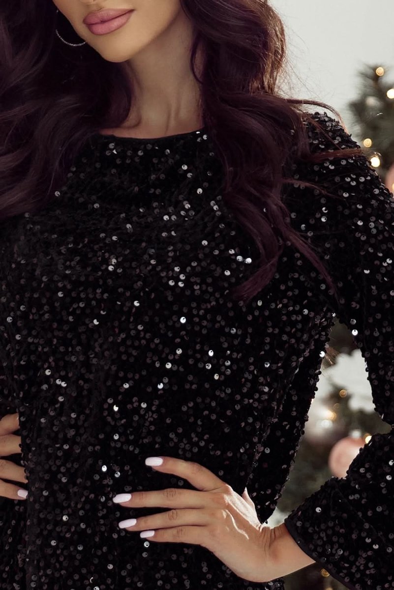 Black Sequin Long Sleeve Knot Cutout Back Mini Dress - Love Salve 