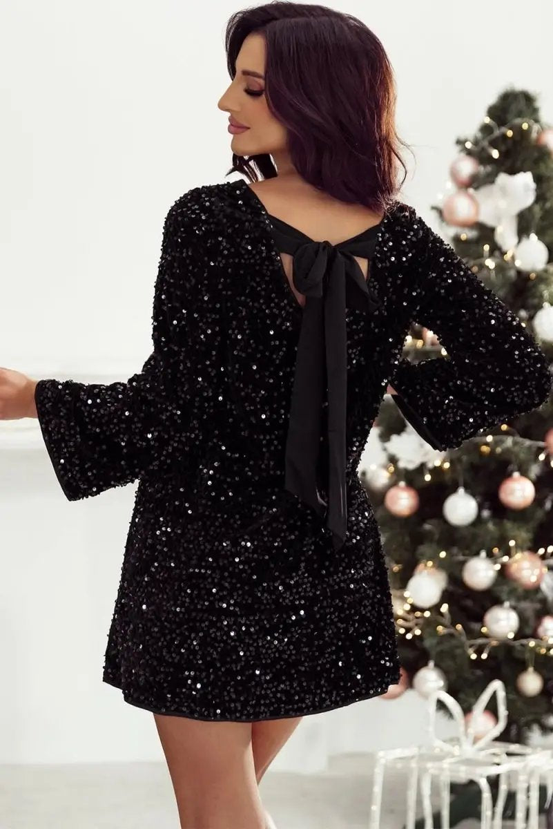 Black Sequin Long Sleeve Knot Cutout Back Mini Dress - Love Salve 