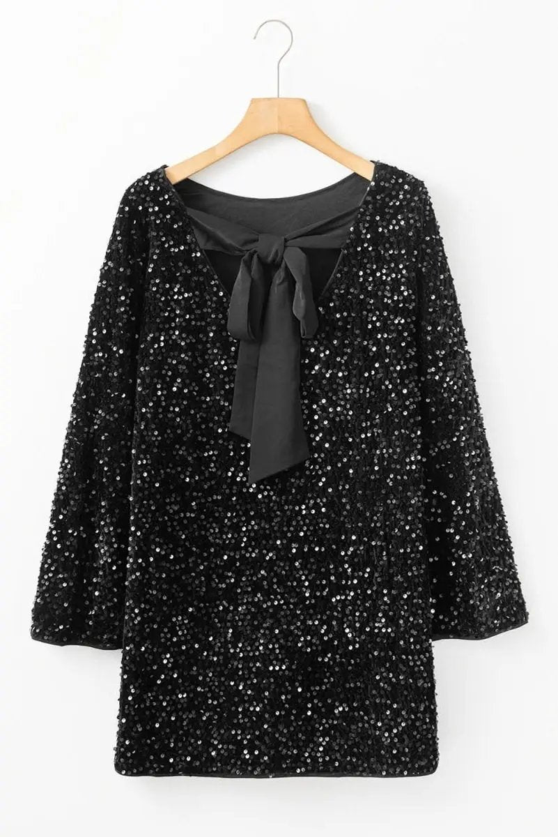 Black Sequin Long Sleeve Knot Cutout Back Mini Dress - Love Salve 