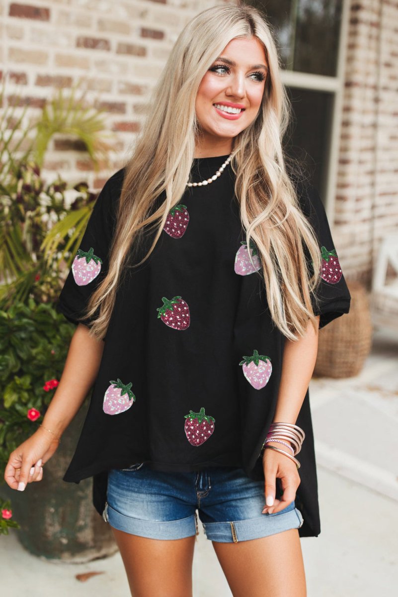 Black Sequin Strawberry Graphic High Low Relaxed Fit Tee - Love Salve 