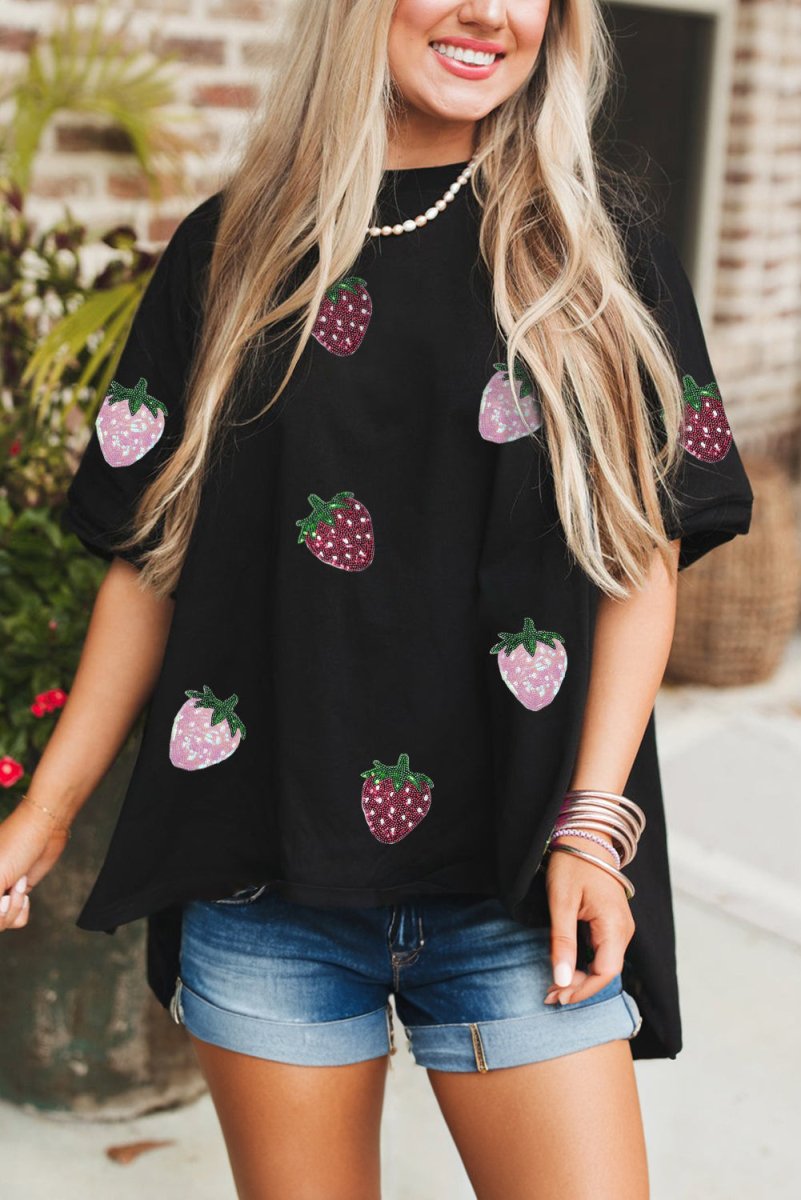 Black Sequin Strawberry Graphic High Low Relaxed Fit Tee - Love Salve 