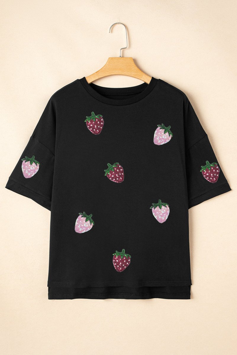 Black Sequin Strawberry Graphic High Low Relaxed Fit Tee - Love Salve 