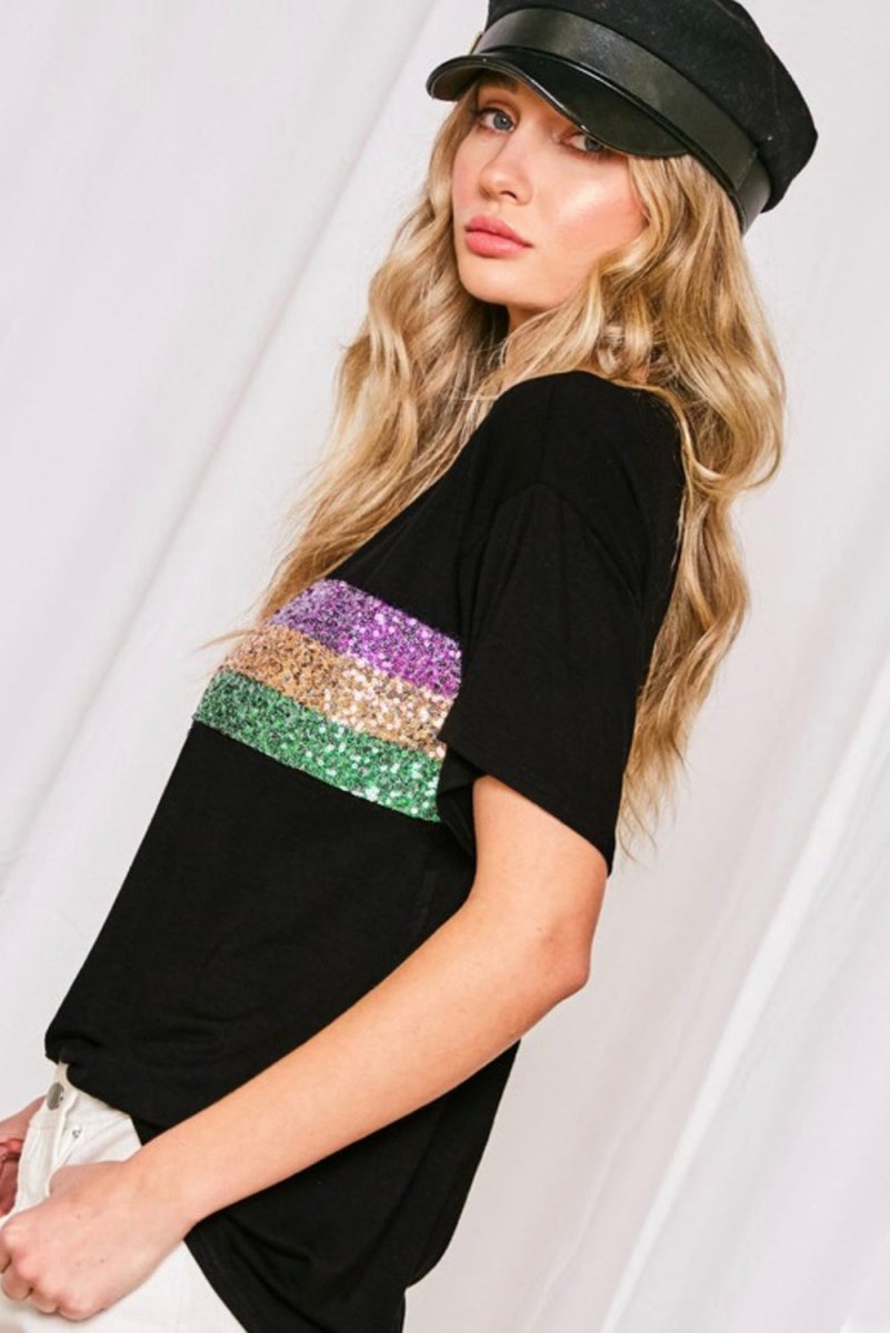Black Sequin Stripes Patchwork Mardi Gras Crew Neck T Shirt - Love Salve 