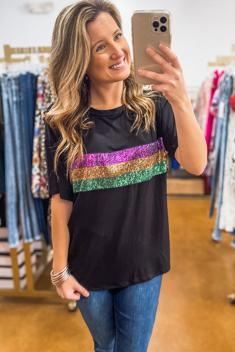 Black Sequin Stripes Patchwork Mardi Gras Crew Neck T Shirt - Love Salve 