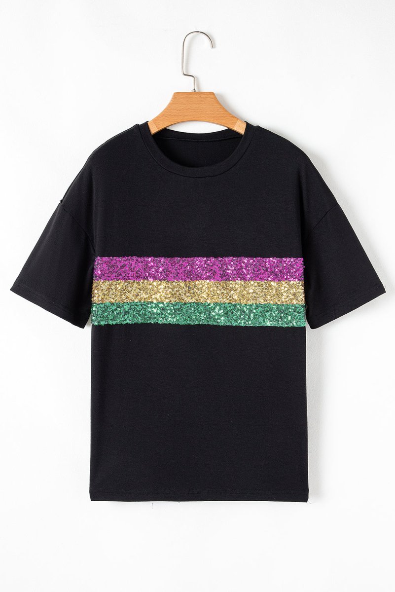 Black Sequin Stripes Patchwork Mardi Gras Crew Neck T Shirt - Love Salve 