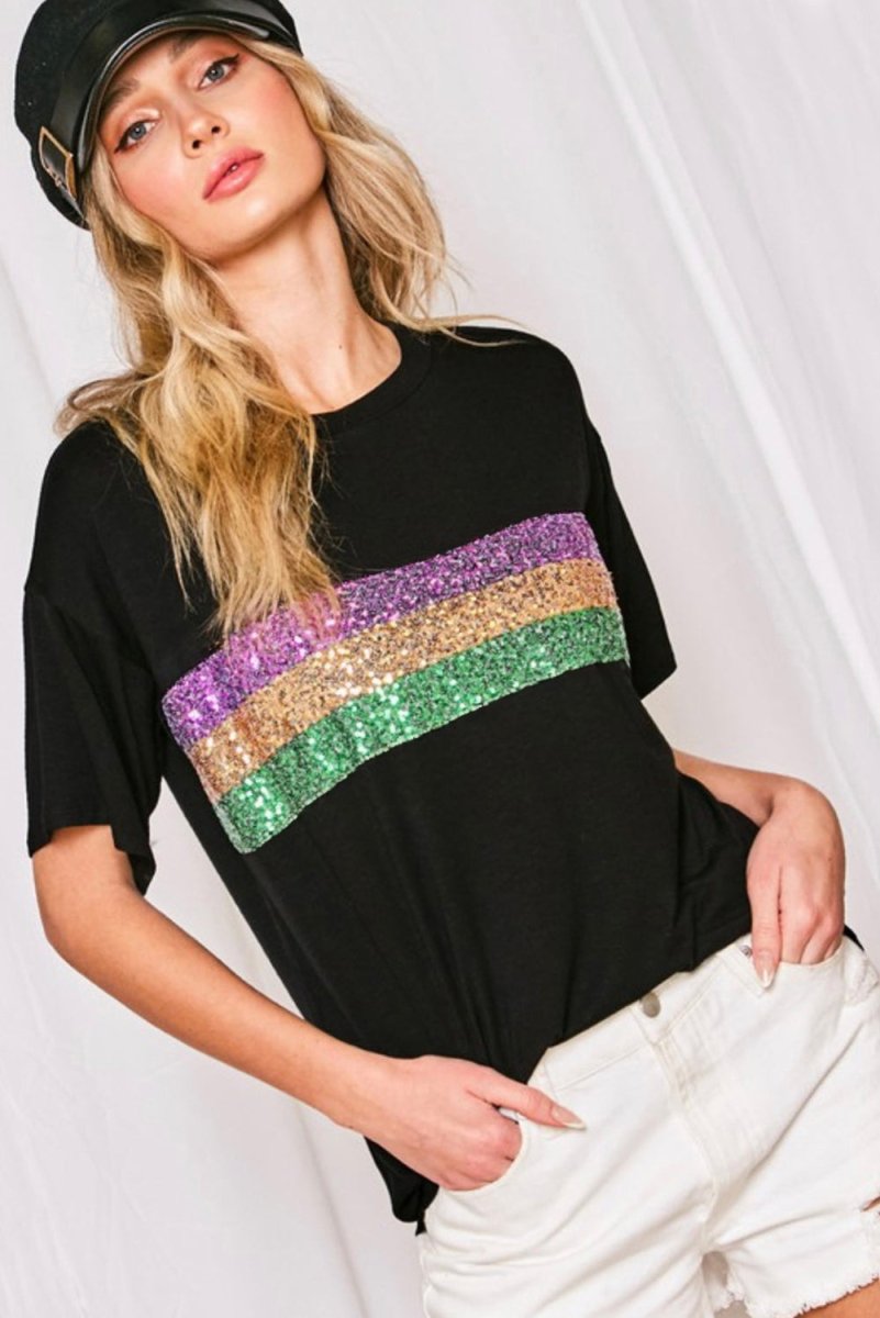 Black Sequin Stripes Patchwork Mardi Gras Crew Neck T Shirt - Love Salve 