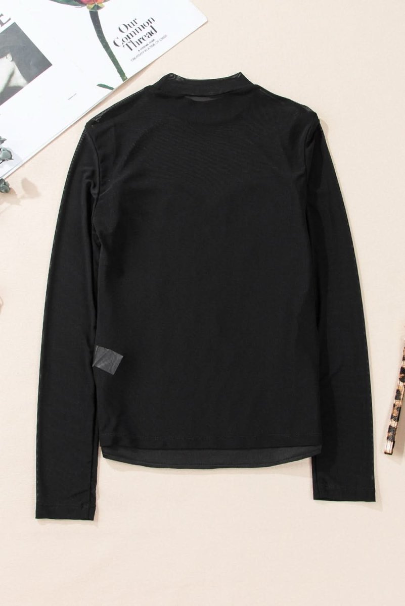 Black Sequin Velvet Sheer Mesh Mock Neck Blouse - Love Salve 
