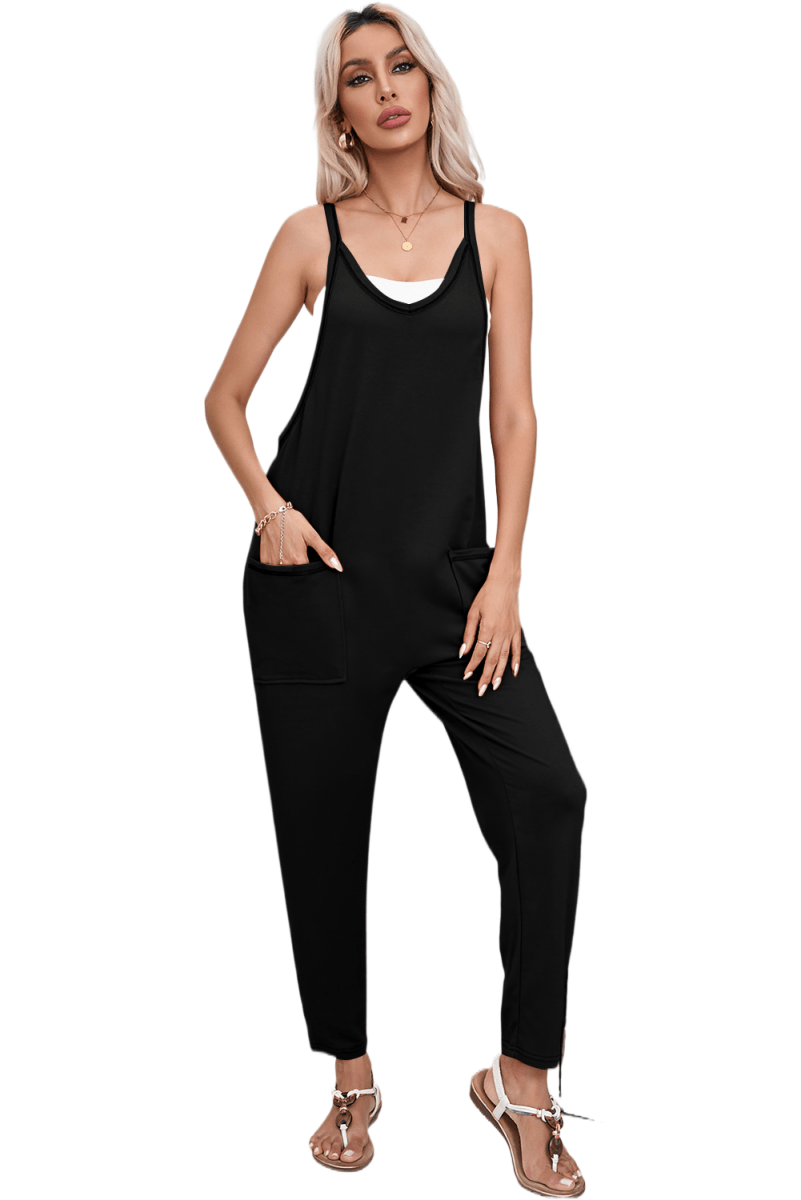 Black Side Pockets Harem Pants Sleeveless V Neck Jumpsuit - Love Salve 