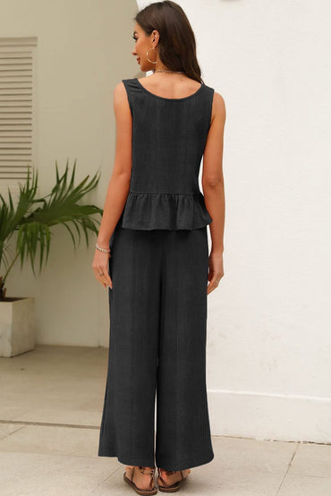 Black Solid Color Ribbed Ruffle Tank Top and Pants Set - Love Salve 