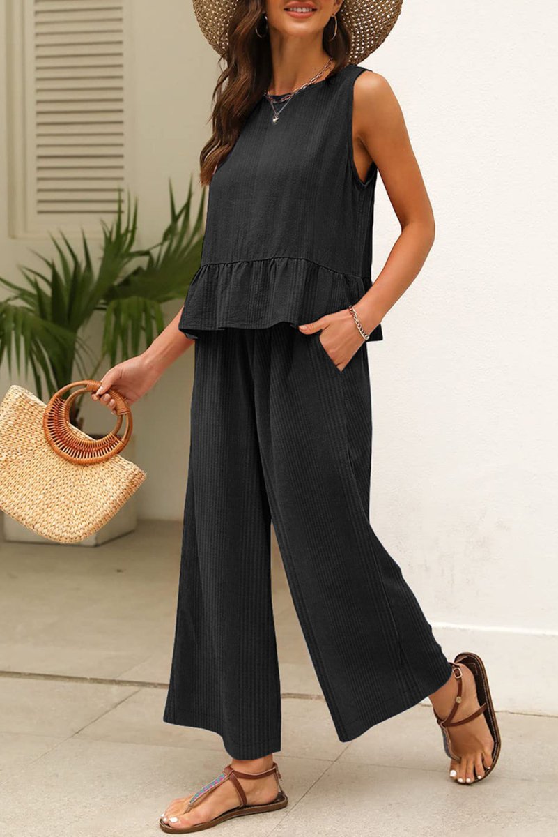 Black Solid Color Ribbed Ruffle Tank Top and Pants Set - Love Salve 