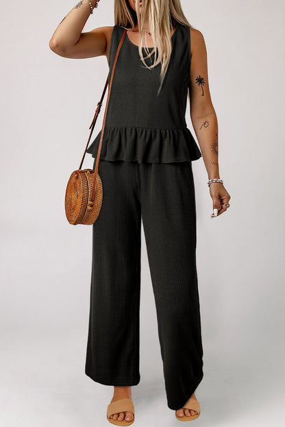 Black Solid Color Ribbed Ruffle Tank Top and Pants Set - Love Salve 