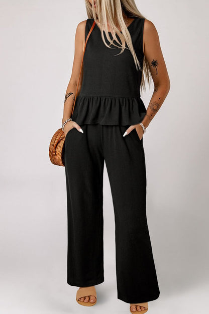 Black Solid Color Ribbed Ruffle Tank Top and Pants Set - Love Salve 