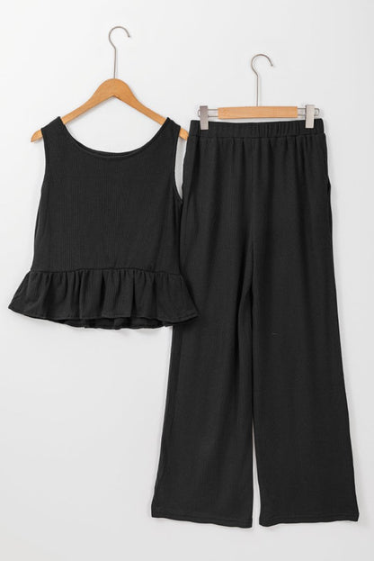 Black Solid Color Ribbed Ruffle Tank Top and Pants Set - Love Salve 