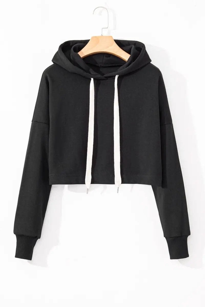 Black Solid Drop Shoulder Drawstring Cropped Hoodie - Love Salve 