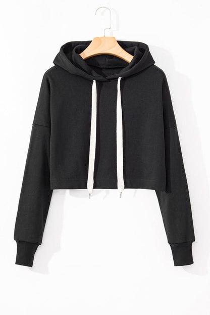 Black Solid Drop Shoulder Drawstring Cropped Hoodie - Love Salve 