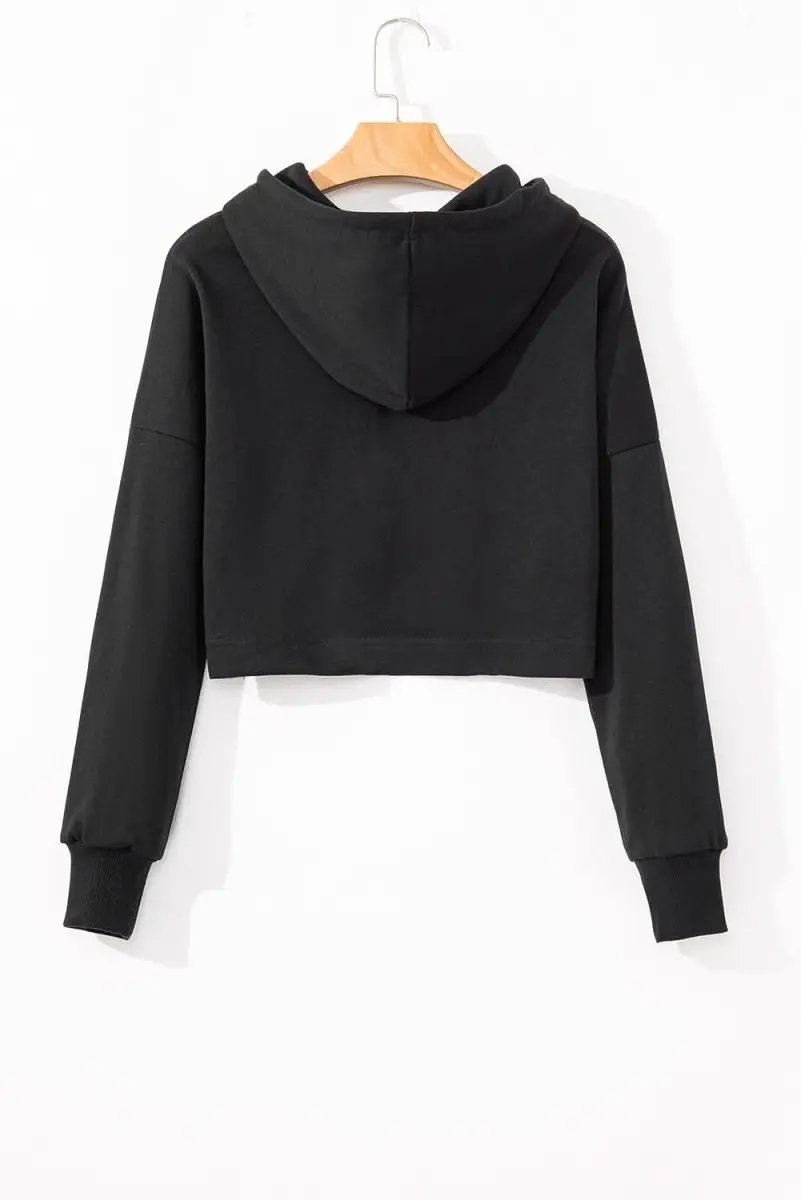 Black Solid Drop Shoulder Drawstring Cropped Hoodie - Love Salve 
