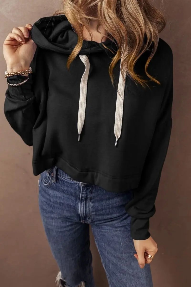 Black Solid Drop Shoulder Drawstring Cropped Hoodie - Love Salve 