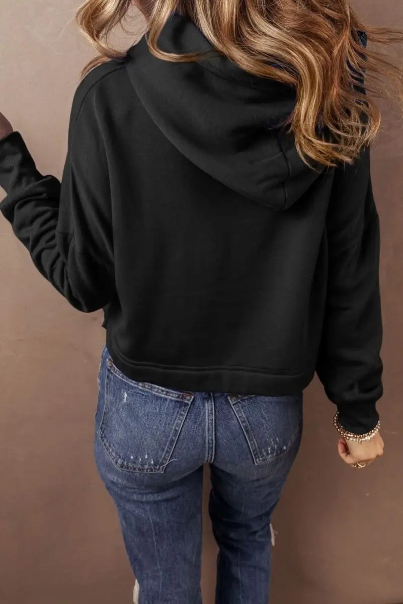 Black Solid Drop Shoulder Drawstring Cropped Hoodie - Love Salve 