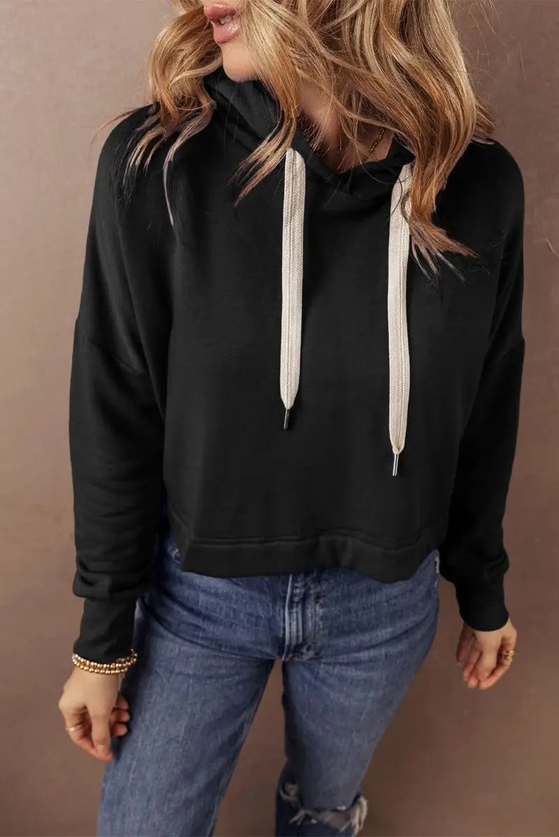 Black Solid Drop Shoulder Drawstring Cropped Hoodie - Love Salve 