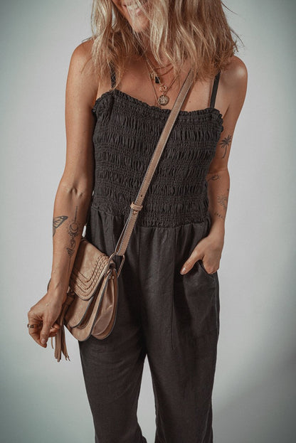 Black Spaghetti Straps Shirred Bodice Pocketed Wide Leg Jumpsuit - Love Salve