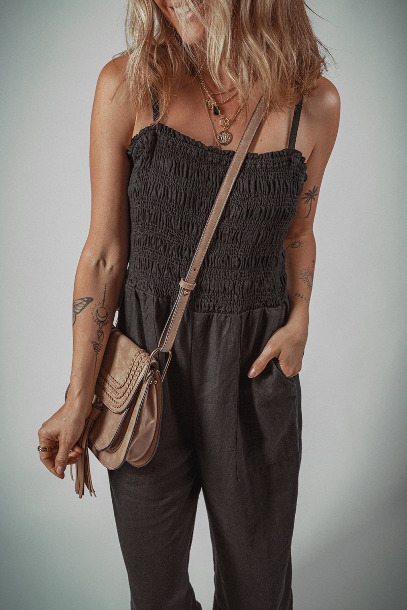 Black Spaghetti Straps Shirred Bodice Pocketed Wide Leg Jumpsuit - Love Salve 