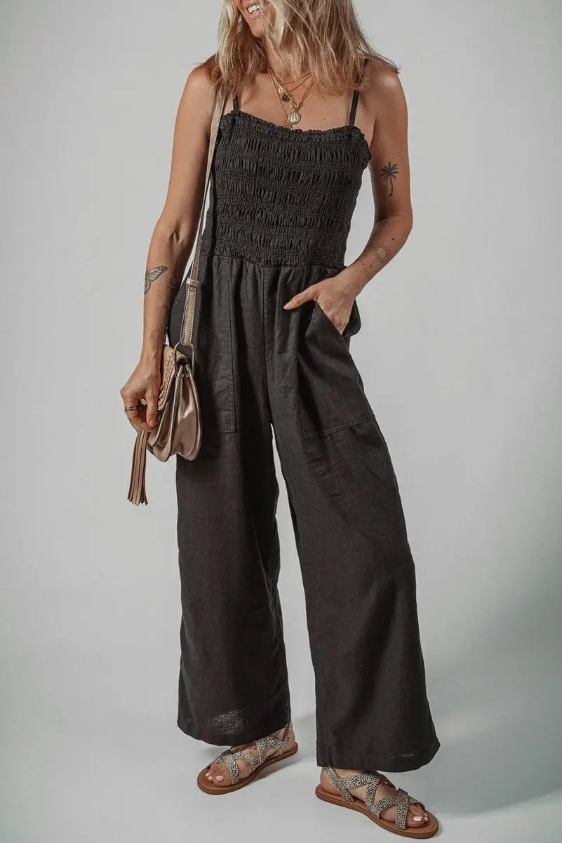 Black Spaghetti Straps Shirred Bodice Pocketed Wide Leg Jumpsuit - Love Salve 